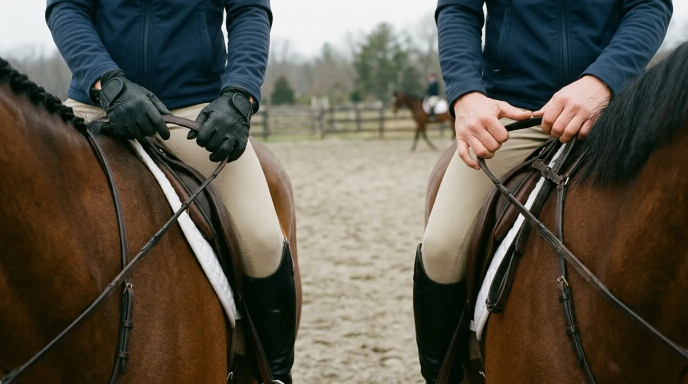 Two riders holding reins, one in black riding gloves and one bare-handed