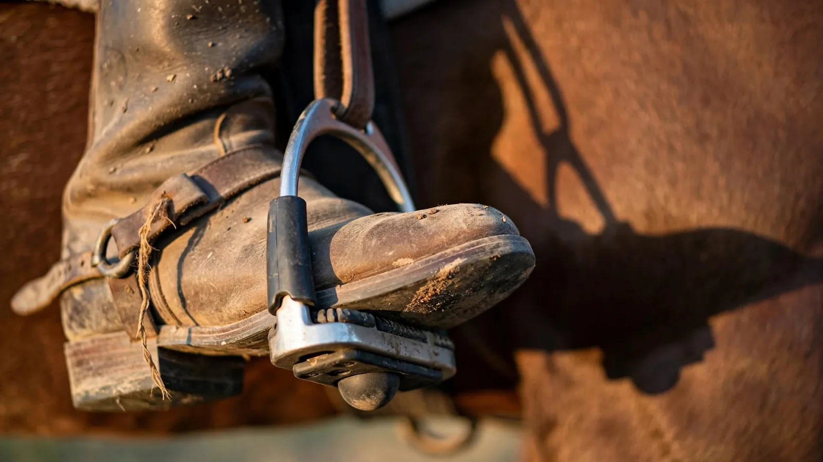 Rider's boot resting on the tread of a jointed safety stirrup