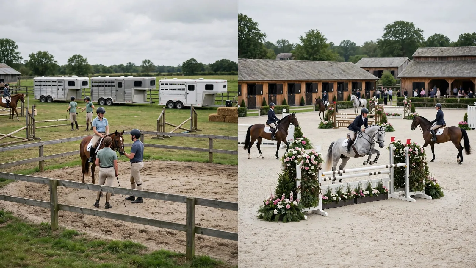 A small farm schooling show beside a large rated horse show with permanent stabling