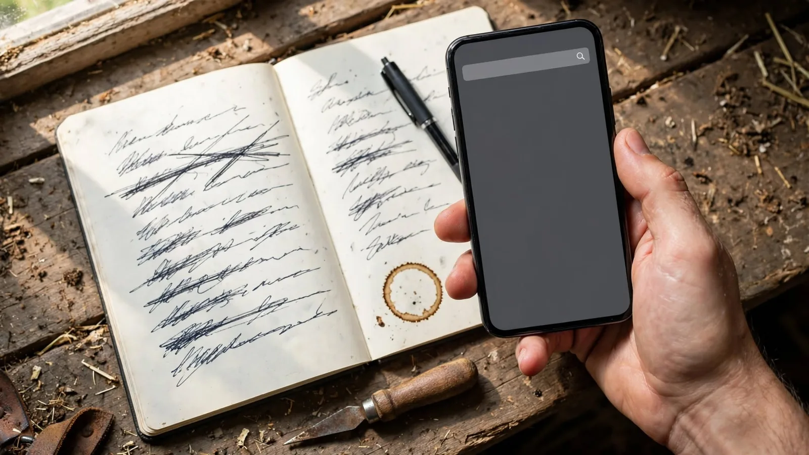 Hand holding a phone beside a notebook page of handwritten name ideas