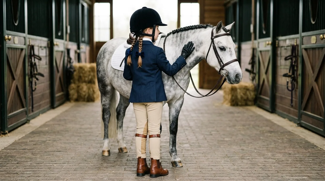 Young rider in jodhpurs, paddock boots with garter straps and braids with bows for the short stirrup division