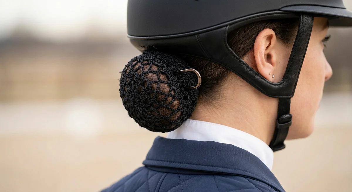 Crocheted snood over a low riding bun, anchored with a long hairpin