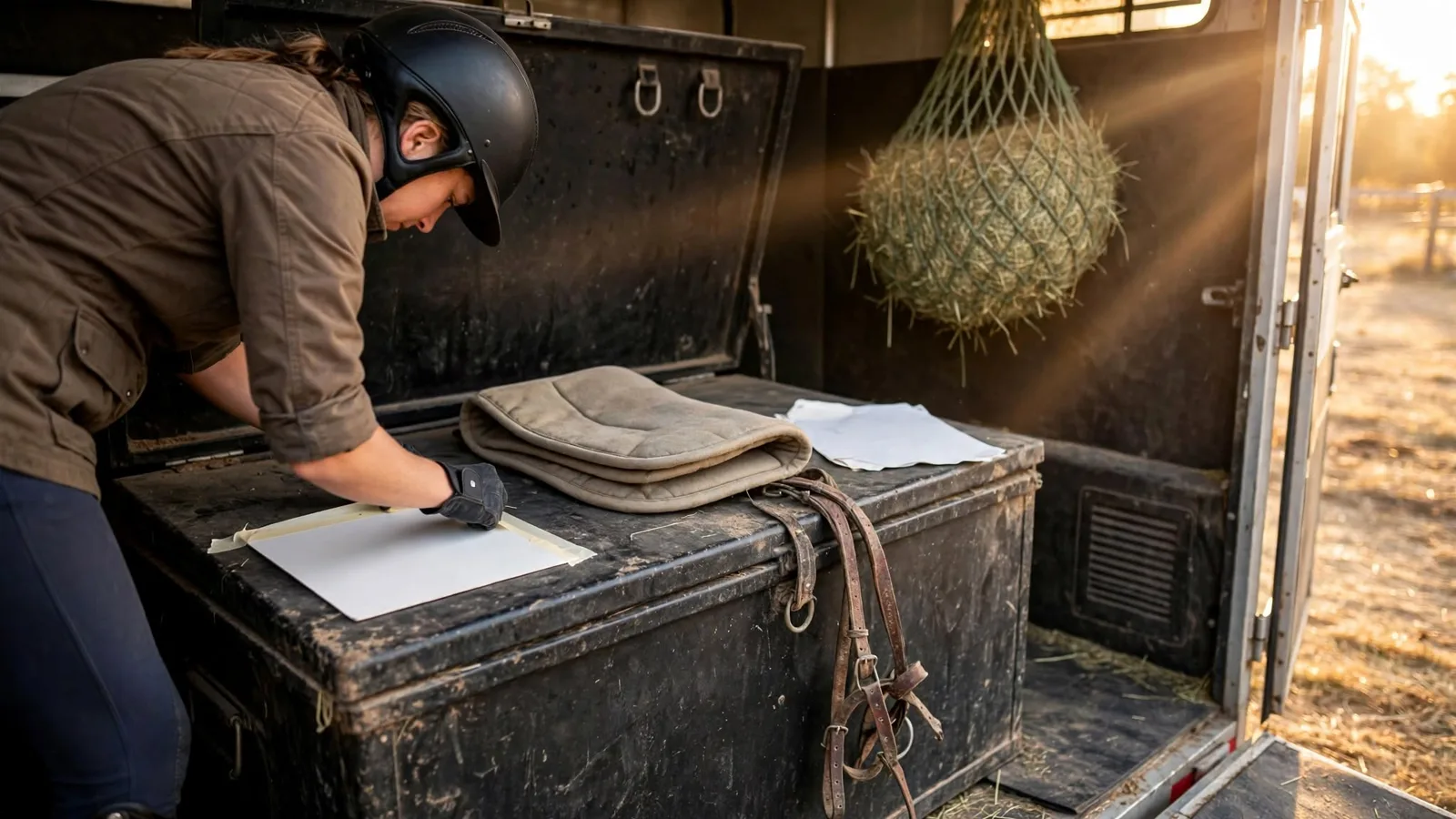 Rider taping a stall card to a tack trunk at the back of a horse trailer