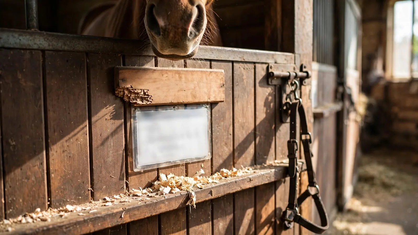 Stall door with a blank wooden nameplate and card, horse's nose over the door