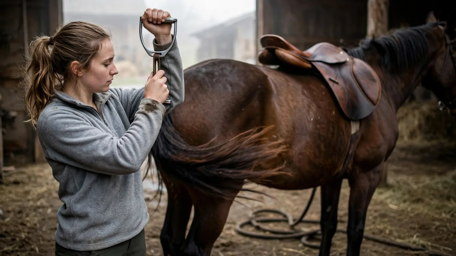 Rider checking stirrup length by holding the iron up along her arm to the armpit