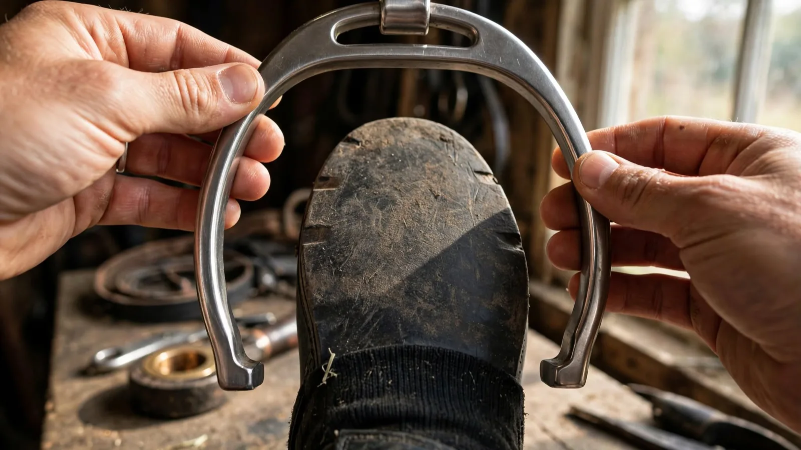 Hands holding a stirrup iron in front of a boot sole showing a finger of clearance each side