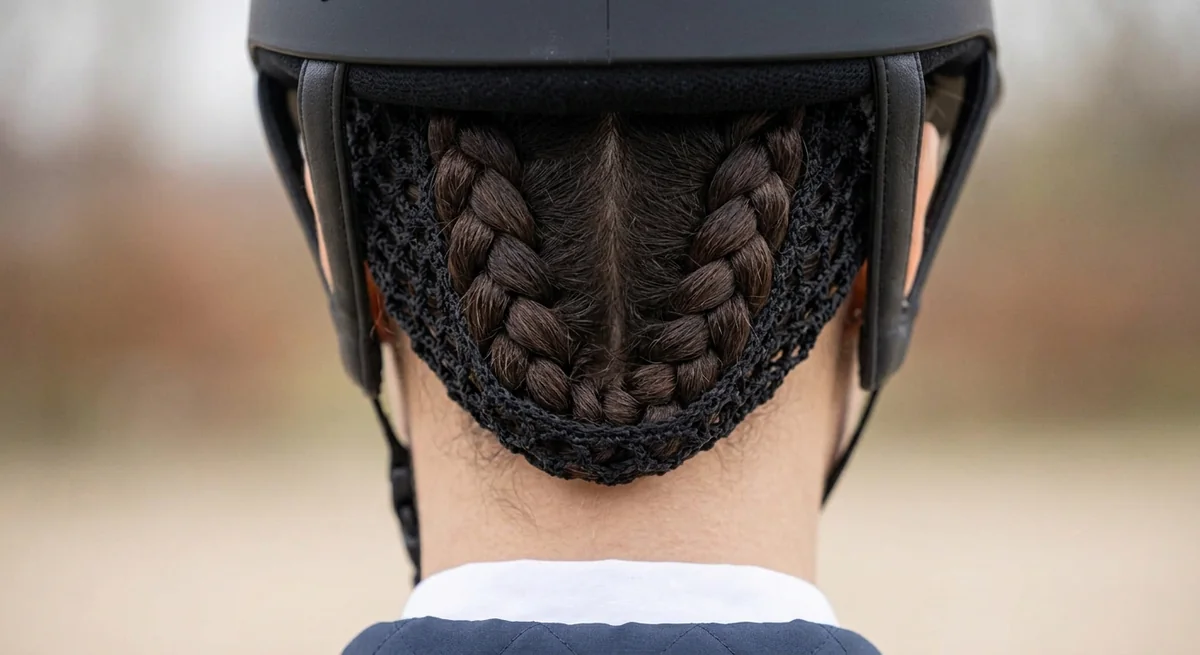 Textured hair in two French braids flattened under a heavy hairnet for riding