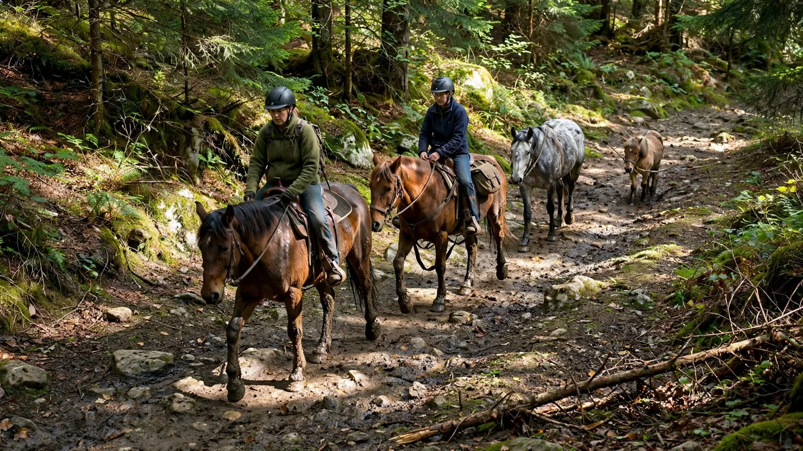Three riders in single file on a rocky forest trail