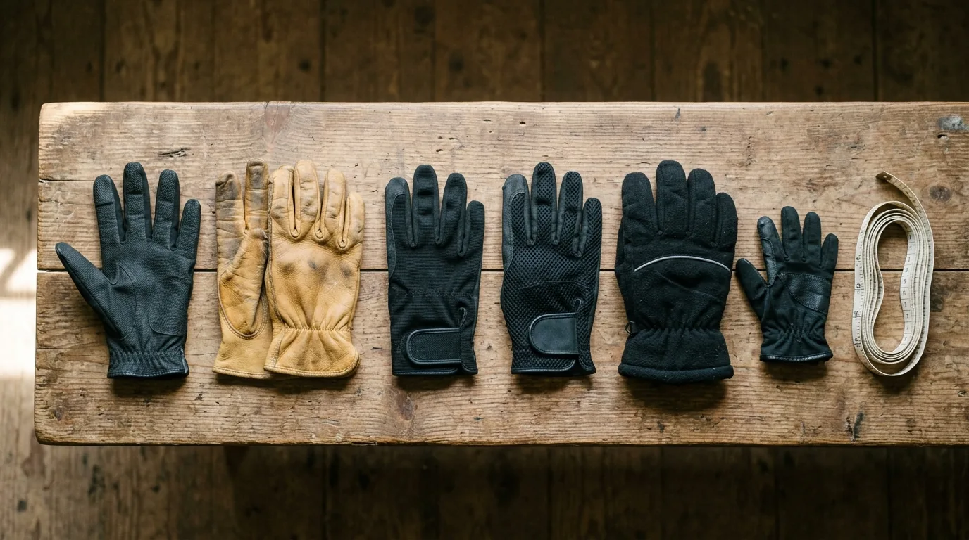 Six types of horse riding gloves laid out on a bench: grip, leather, economy, mesh, winter and kids