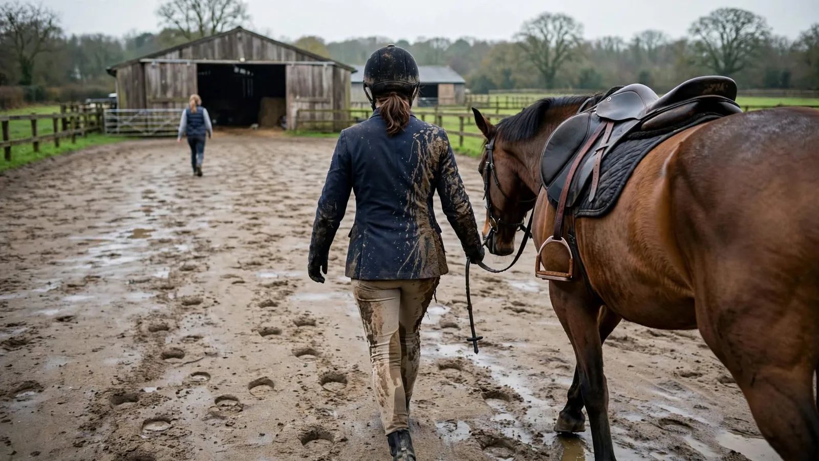 Rider covered in mud walking a horse back to the barn after a fall