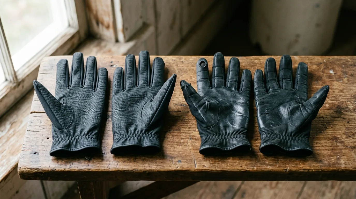 New riding glove beside a worn-out one showing the palm rubbed smooth along the rein line