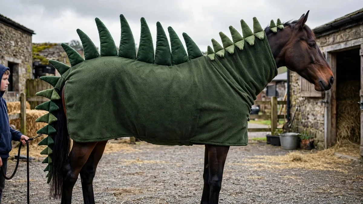 Dark bay horse in a green dinosaur coat with a double row of tall felt plates standing along the spine, head left bare