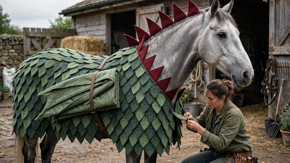 Grey horse in a dragon costume of overlapping green felt scales with a tall dark red crest along the neck and folded felt wings