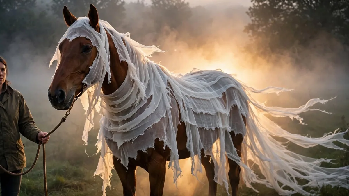 Chestnut horse in layered torn white gauze backlit in mist, with the eyes, nostrils and muzzle left completely clear