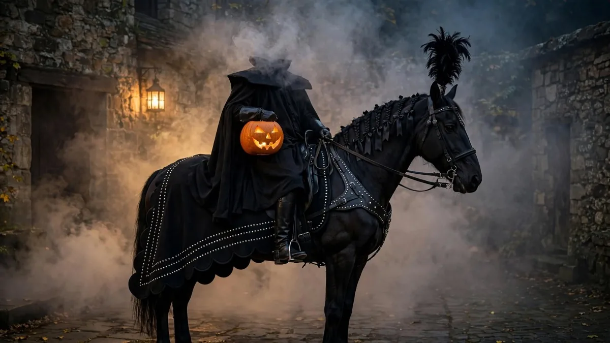 Black horse in studded black barding at night, carrying a headless cloaked rider holding a lit jack-o-lantern