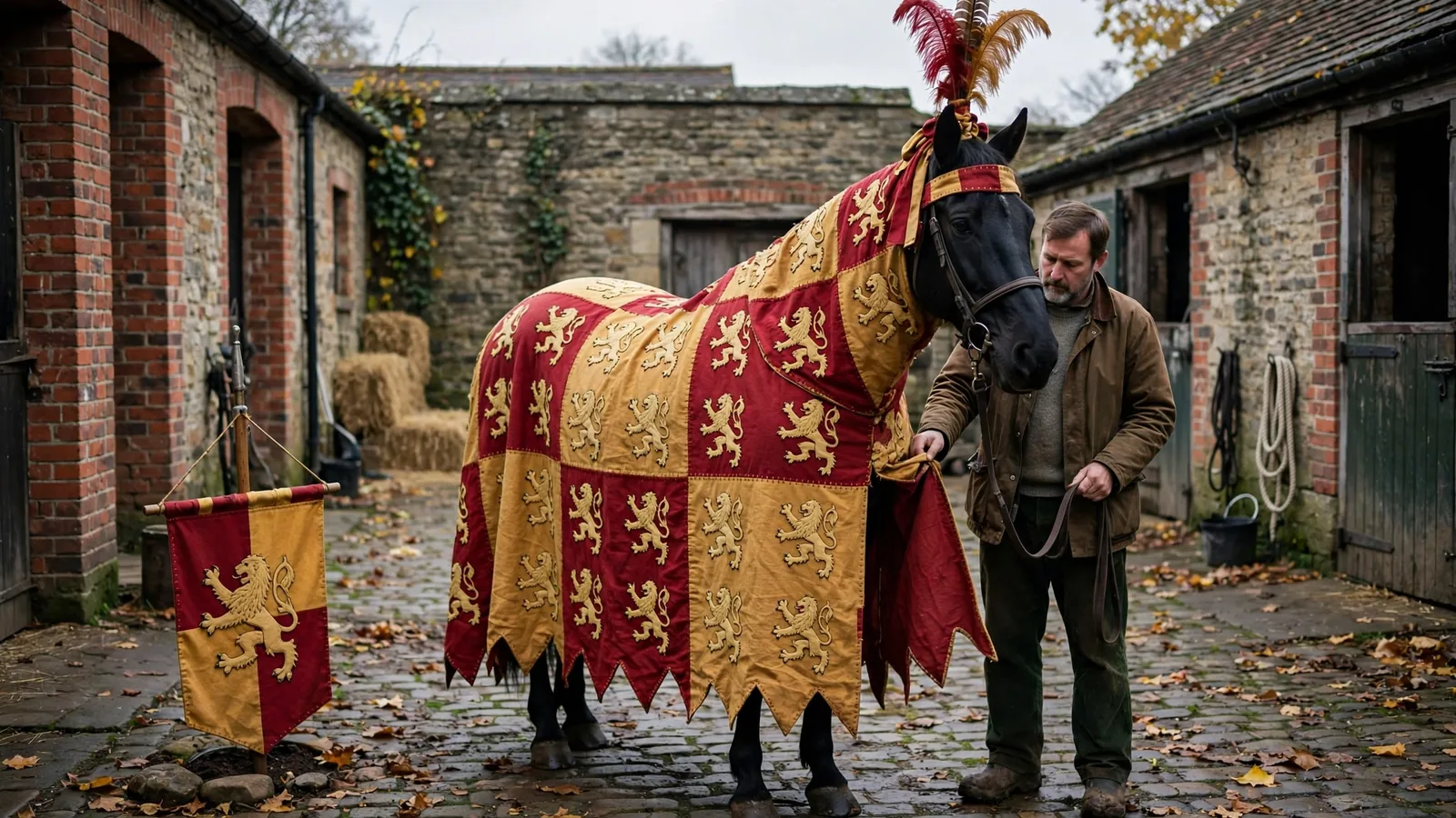 Black horse in a crimson and gold heraldic caparison with gold lions and a dagged zigzag hem