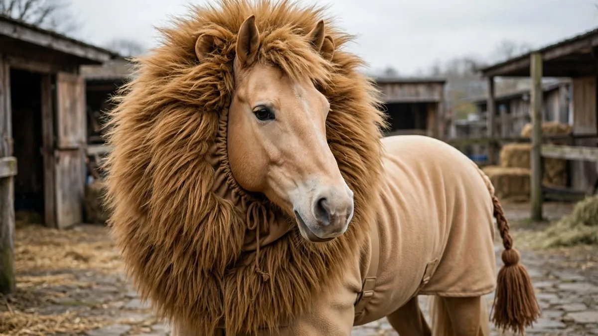 Palomino horse in a lion costume with a deep gathered golden fur mane framing the face and a fitted tan rug