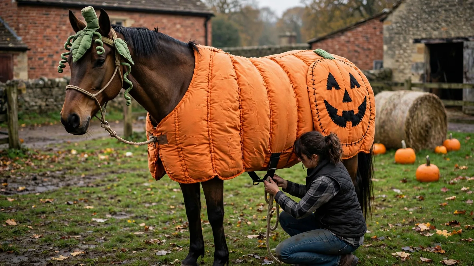 Bay horse in an orange quilted pumpkin rug with padded ribs and a black felt jack-o-lantern face