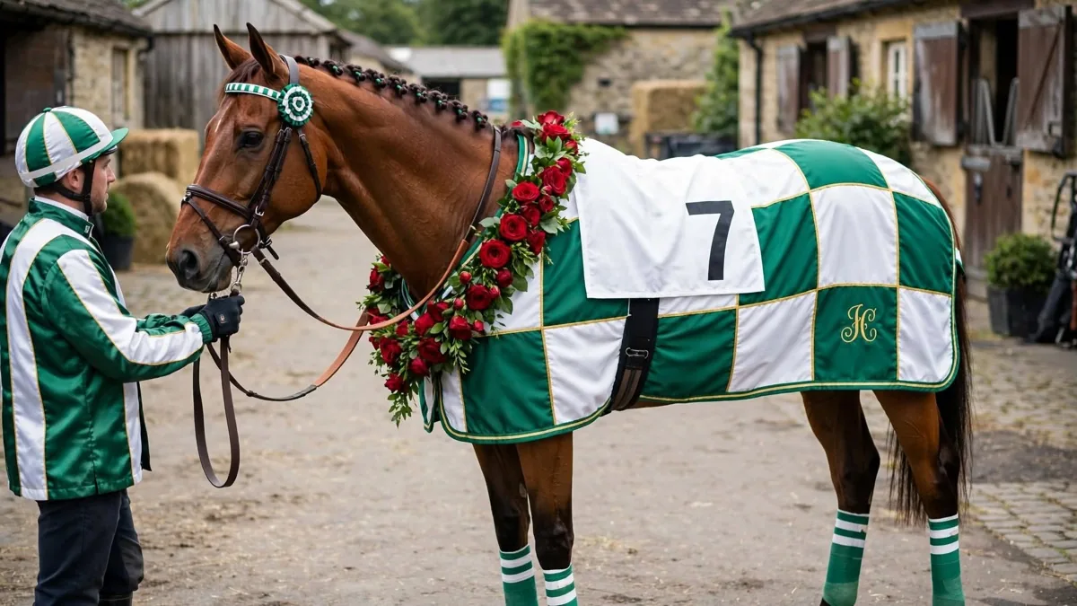 Chestnut horse in green and white quartered racing silks with a number cloth, a red rose garland and matching leg bandages