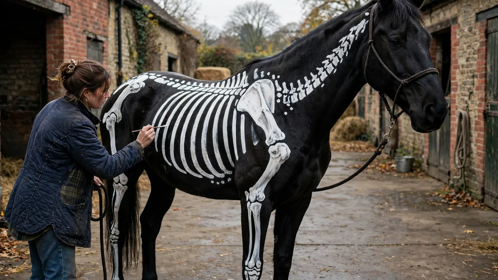 Black horse in a barn yard with a white skeleton painted along the neck, ribs, hip and legs