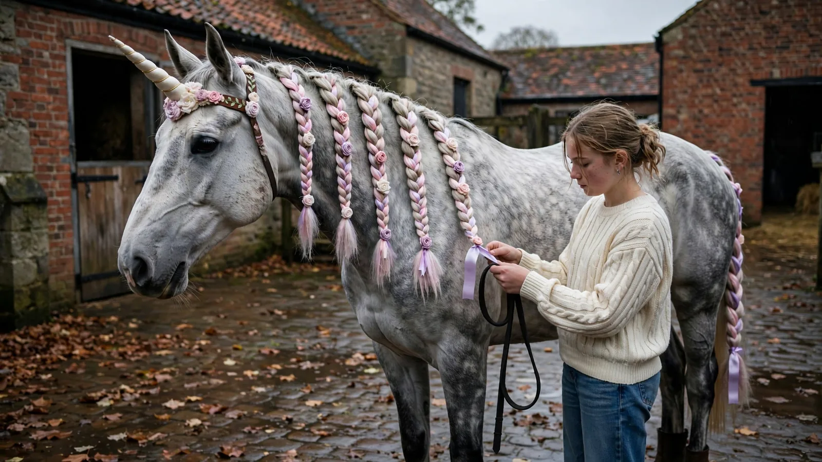 Dappled grey horse wearing a spiral unicorn horn on a browband with ribbon braided through the mane