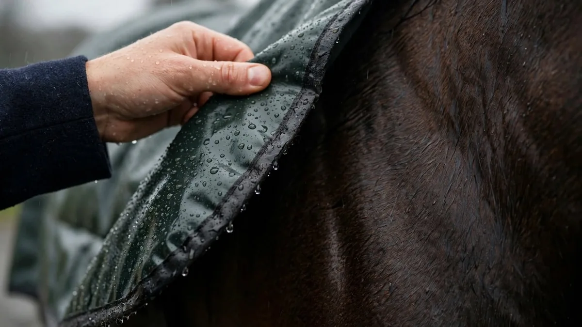 A hand lifting the edge of a wet turnout rug to feel the coat underneath on a rainy afternoon