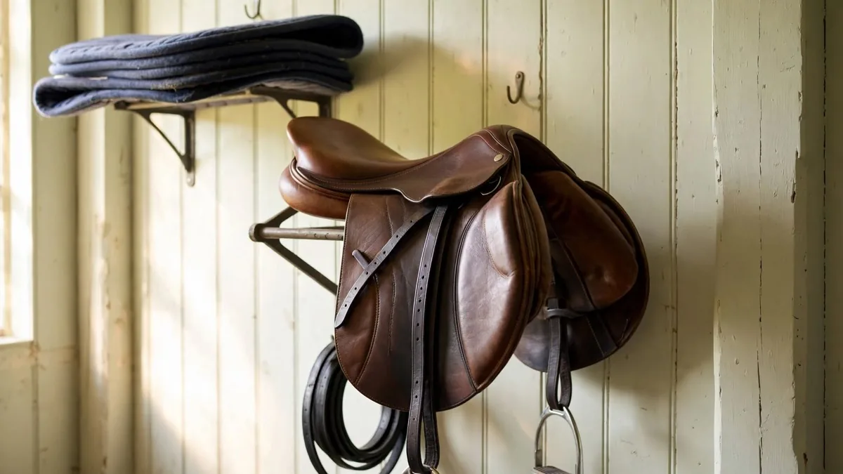 An English saddle on a wall mounted rack showing how far the rack projects from the tack room wall