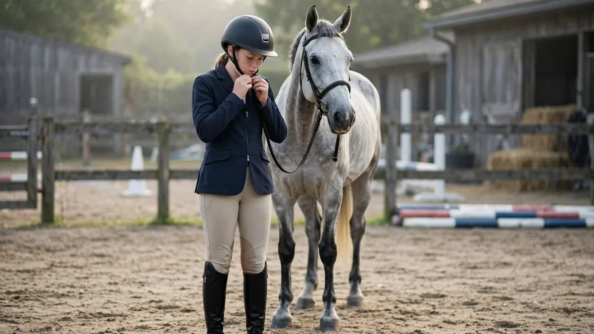 A young rider fastening the chin strap of a riding helmet beside a grey horse in a riding school yard