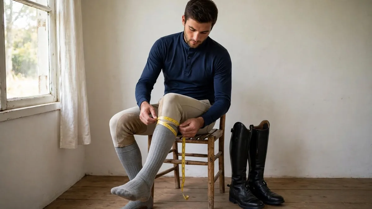 Measuring calf circumference while seated with the knee bent at ninety degrees, tall riding boots beside