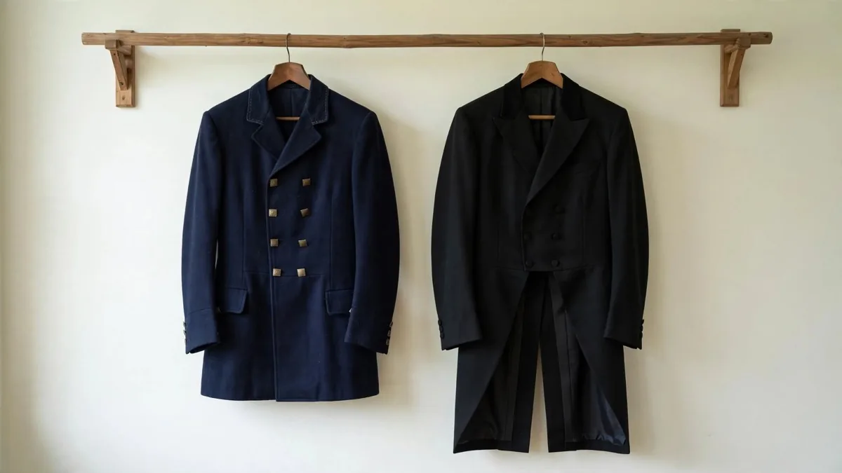 A navy hunt coat and a black dressage tailcoat hanging side by side on a wooden rail