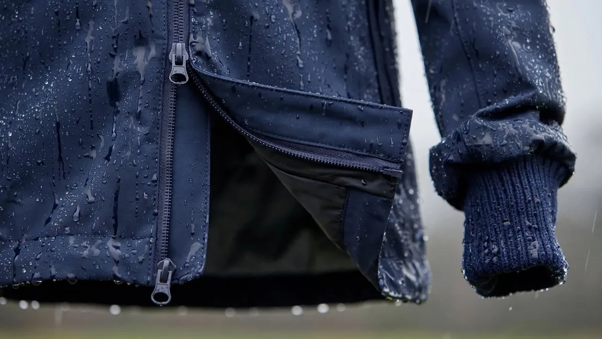 Close view of a winter riding jacket showing the two way zip at the hem, storm flap and knitted inner cuff
